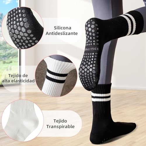 6 Pares Calcetines de Yoga para Mujeres, Calcetines Antideslizantes Algodon, Calcetas Largos de Pilates, Calcetas Deportivos Transpirables, Adecuado para Ejercicio, Fitness, Barre
