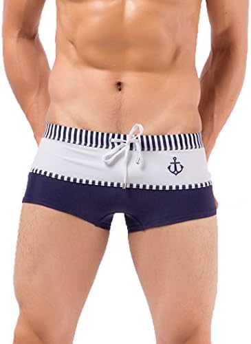 Desklets Men's Summer Strips Swimming Underwear Sports Trunks Briefs (WhiteNavy Size XXL)