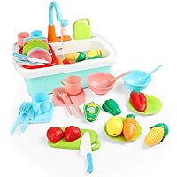 JoyGrow Kitchen Sink Toys 24PCS Pretend Play Wash Up Kitchen Toys Dishwasher Cutting Toys Kitchenware Press Water Faucet & Drain