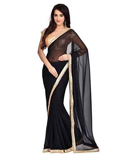 Shonaya Women's Lace Border Georgette Black Saree With Unstitched Blouse Piece