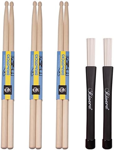 5A Drumsticks,3 Pair Drum Sticks Classic Maple Wood Drumsticks Wood Tip Drumstick for Students and Adults (with a Pair of Drum Brushes) (8 pcs)