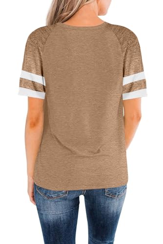 WOMENS T SHIRTS SHORT SLEEVE TUNIC TOPS LOOSE CREWNECK COLOR BLOCK CASUAL TEE SHIRTS BLOUSES KHAKI