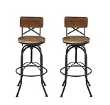 VILAVITA Set of 2 25.6 Inch to 29.6 Inch Adjustable Round Wooden Bar Stools with Backrest, Retro Finish Bar Chairs with Wooden Seat and Wrought Iron Frame Swivel Bar Stool