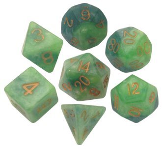 Polyhedral 7 Die Set Resin Dice: Combo Attack Green / Light Green with Gold Numbers