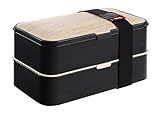 PuTwo Leakproof Bento Box 2 Tiers Bento Lunch Box Lunch Boxes with Reusable Cutlery Japanese Style for Microwave Freezer Dishwasher Bento Boxes for Kids Adults Work School - Bamboo Black