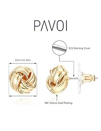 Pendientes de tuerca de plata de ley chapados en oro de 14 quilates con nudo de amor para mujer de PAVOI