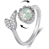 Opal Flower Mermaid Tail Spinner Fidget Wrap Open Rings for Women Anxiety Rotate Stress Relief Cubic Zirconia Adjustable Stacking Middle Finger Ring Fashion Jewelry Birthday Valentine's Day Gifts