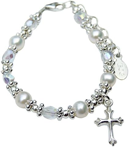 Beloved Child Goods Cultured Pearl, Sterling & Crystal Cross Bracelet for Babies & Girls is a Great BaptismFirst Communion Gift