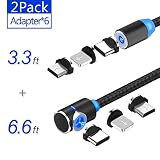 Magnetic Phone Charger Cable， 3 in 1 Cable, (2Pack，3.3 ft L Shape Cable，6.6 ft L Shape Cable) (Black)