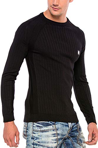 Cipo-Baxx-Herren-Strickpullover-Rippenstrickpulli-Rundhalsausschnitt-Sweatshirt-Raglanaermel-Slim-Body-Fit