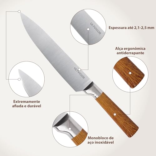ULTVIGOR Jogo de Facas 5 Peças, 4CR13 Aço Inoxidável Afiado e Durável, Cabos antiderrapante, Corte Preciso para Cozinhas Domésticas, Inclui Faca de Chef, Santoku