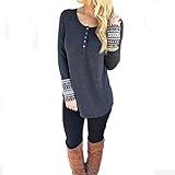 WLLW Womens Long Sleeve Scoop Neck Blouse Geometric Print Henley Tee Shirt