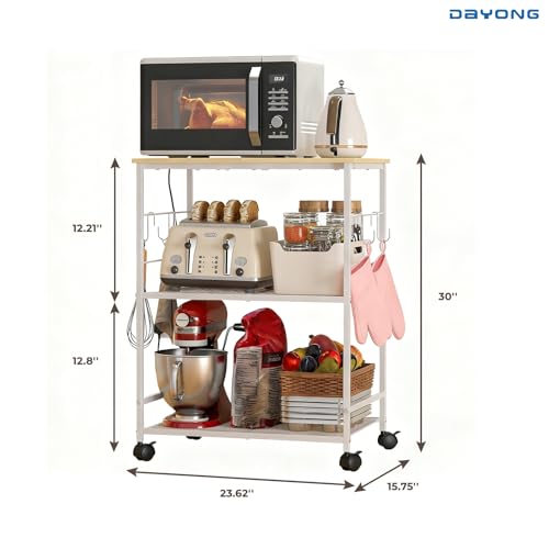 DAYONG Rolling Microwave Cart, 3-Tier Kitchen Storage Rack with Wheels, Mobile Shelving Unit Organizer Utility Cart for Small Spaces, Kitchen, Living Room, Balcony, Coffee Bar, Office (White)