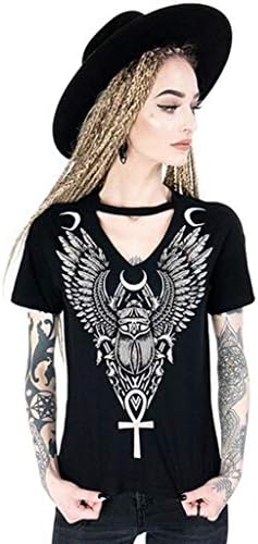 Punk Styles Clothing Women Plus Size Gothic Fashion Summer Short Sleeve V-Neck Black Tops T-Shirts