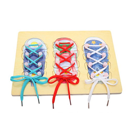 Educational DIY Shoe Lace Tying Board Pegged Puzzles, Learn to Tie your Shoe Laces Wooden Puzzle Peg Board for kids, Wooden Lacing Sneaker Training Shoes