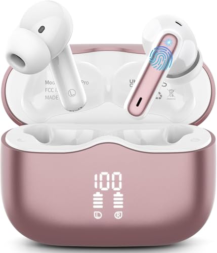 Wireless Earbuds, 2026 Bluetooth 5.4 Headphones in Ear with 4 ENC Noise Cancelling Mic, Wireless Earphones with HiFi Stereo, 40H Playtime, LED Display, Bluetooth Earbuds IP7 Waterproof, USB-C, Rose