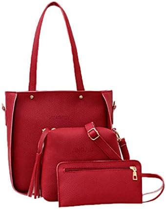 ❤️ Clearance 3Pcs Women's Litchi Pattern Leather Shoulder Bag with Handbag Clutch Wallet Packet Corssbody Bag Messenger Mobile Handbags Satchel Tote (Red)