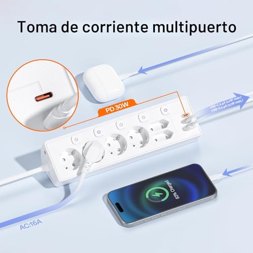 Desktop Power Strip with USB C (PD 30W), Individual Switches Desktop Power Socket, Surge Protection Sockets, 2 Meter Cable for Home Office, 2 M Cable, White