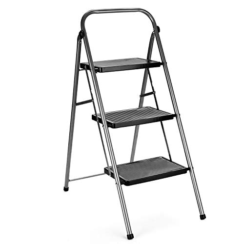 delxo escalera de paso taburete plegable de 3 pasos con pedal ancho antideslizante, soporta hasta 330 libras taburete de acero resistente de 3 pasos, escalera de paso plegable ligera para adultos, gris