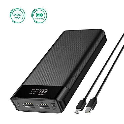 Portable Charger 24000mAh High Capacity Phone Charger Battery 2.4A Output Port, 2A Input Port, 2 Quick Charging Ports Compatible Smart Phones, Tablets Other Devices-Black