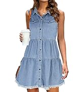 luvamia Women's Casual Summer Lapel Sleeveless Button Down Short Denim Jean Dress