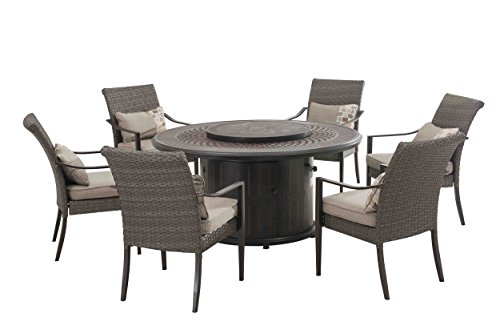 UPC 841057101285, Sunjoy Simone Dining Set Made of Aluminum and Wicker With Included LP Firepit, 60 Inches by 60 Inches by 28.3 Inches