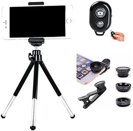 Cell Phone Camera Kit, Cell Phone Tripod, Bluetooth Remote Shutter and Universal 3 - 1 Cell Phone Camera Lens Kit with Fisheye, Wide Angle and Macro Lenses for iPhone and Samsung
