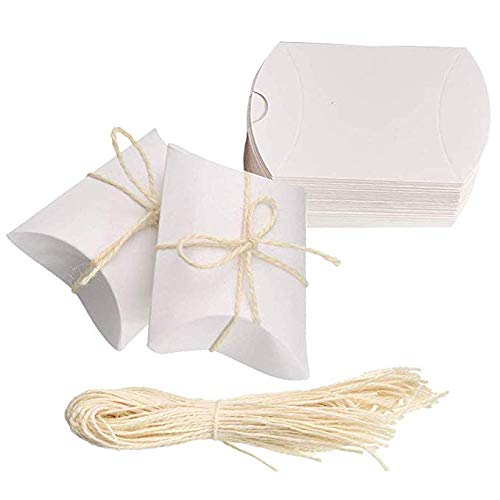 Amajoy 50 Pack Small White Pillow Box Paper Candy Favor Boxes for Wedding Favor Party Favor Gifts with 50pc White Twine