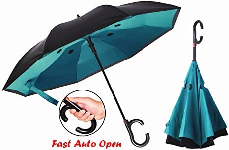 Sopout Automatic Windproof Inverted Umbrella Double Layer Quick Dry Travel Straight with Circular Cutout Pattern Waterproof UV Protection Self Standing C-Shaped Hands Free Handle Women& Men
