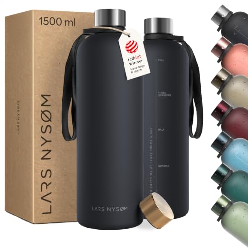 LARS NYSØM Trinkflasche 1 5l | Wasserflasche 1500ml | Ultraleichte Tritan Sport Flasche auslaufsicher, Kohlensäure geeignet - für Sport, Büro, Yoga | 2 Deckel i