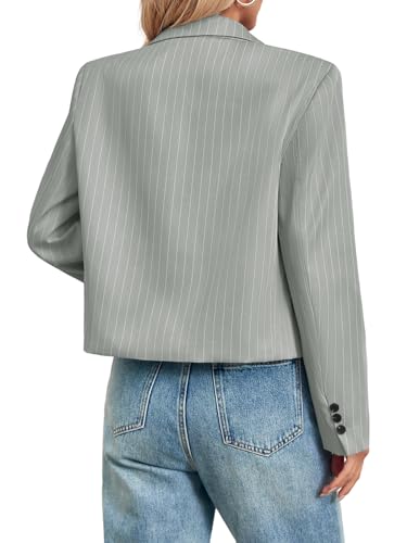 CICY BELL WOMENS CROPPED STRIPED BLAZER CASUAL LONG SLEEVE LAPEL BUTTON DOWN WORK BLAZER JACKETS GREY