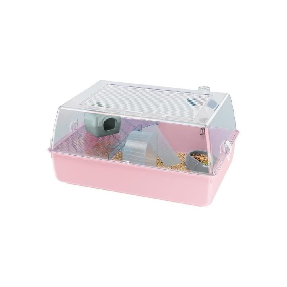 Ferplast MINI DUNA HAMSTER Compact Hamster Cage - Ventilated Multi-Level Habitat with Interactive Transparent Top - Exercise Wheel & Accessories - Easy Clean, 55x39x27 cm - Pink