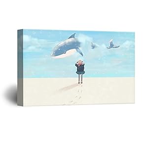 Hand Drawing Style Mystical Girl with a Flying Blue Whale Gallery 12x18 inches