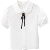 KKmeter Girls White Blouse Button Down Shirts Puff Short Sleeve Princess Bowknot School Uniform Tops