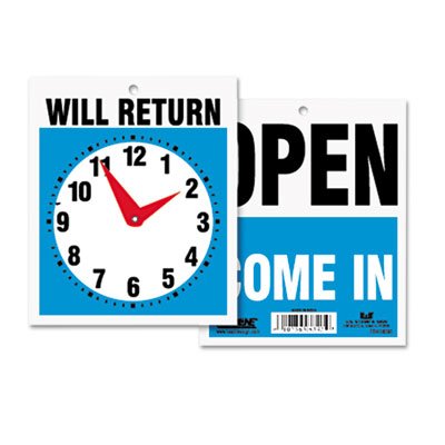 U.S. Stamp & Sign Will Return Sign with Clock Hand - "Open" Preprinted, "Come In" Preprinted, "Will Return" Preprinted - 7.5" x 9" - Plastic - Blue, Red