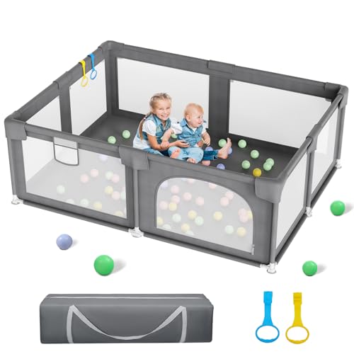Palopalo Baby Playpen, 70"x59" Extra Large Playard for Babies and Toddlers, Non-Foldable and Big Baby Activity Center, Infants Play Pen with Gate and Soft Breathable Mesh, Ideal for First-time Mom