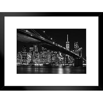 Poster Foundry Brooklyn Bridge New York City NYC Skyline at Night Black and White Photo Art Print Matted Framed Wall Art 26x20 inch