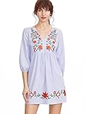 Floerns Women's Striped Button Front Lantern Sleeve Embroidered Dress