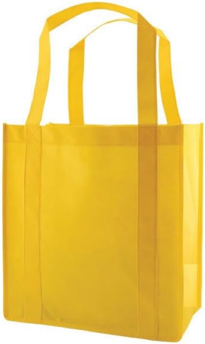 Reusable Grocery Shopping Bags with Plastic Bottom Insert Heavy Duty Non Woven Promotional Tote Bags for Giveaway Favors, Yellow, Set of 50