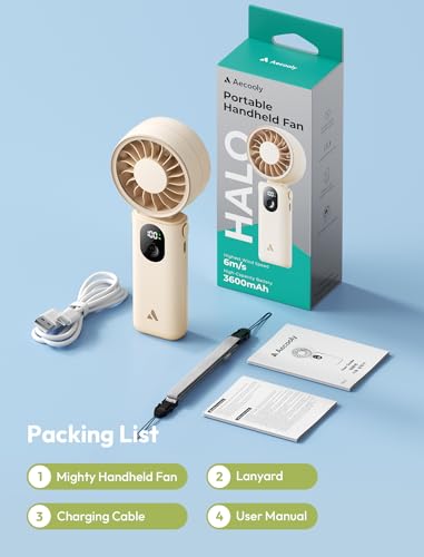 Aecooly Mighty Portable Handheld Fan, 3-in-1 Powerful Hand Fan Rechargeable [20H Max Cooling Time], 5-Speed Digital Display, Mini Personal Hand Held Fan for Summer, Travel, Gifts for Women - Beige