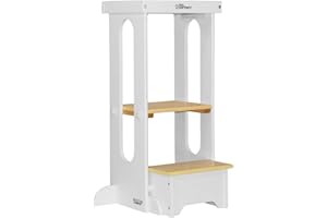 Little Partners Foldable Toddler Tower, Learning Tower Explore 'N Store Montessori Standing Kitchen Tower with Folding Step Stool Platform for Cooking and Learning, Ages 2+ (White w/Natural)
