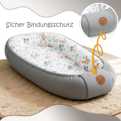 Baby Bed Reducer – 90 x 50 cm Baby Nest Transportable for Babies Nest Crib Pod Cocoonababy Babynest Antisuffocation Owls Light Grey