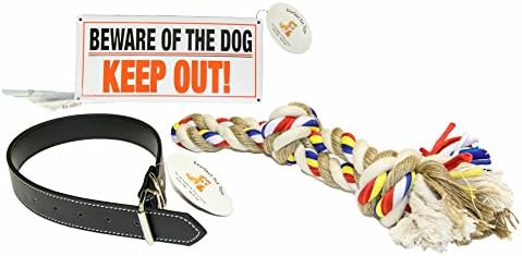 EMG Pet Emporium Dog Collar &amp; Chew Rope Bundle PLUS For Large Dogs | 24" x 1.25" Adjustable Dog Collar | Jumbo Double Knotted Chewer Rope | 'Beware Of The Dog' Sign w Screws | Top Rated