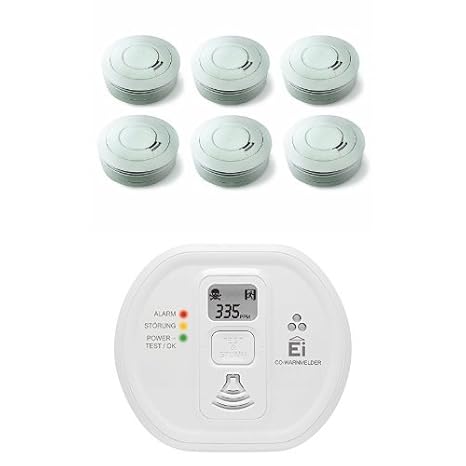Ei Electronics Ei650 10-Jahres-Rauchwarnmelder, weiß, 6 Stück + Ei208D 10-Jahres-Kohlenmonoxidwarnmelder, weiß, 1 Stück