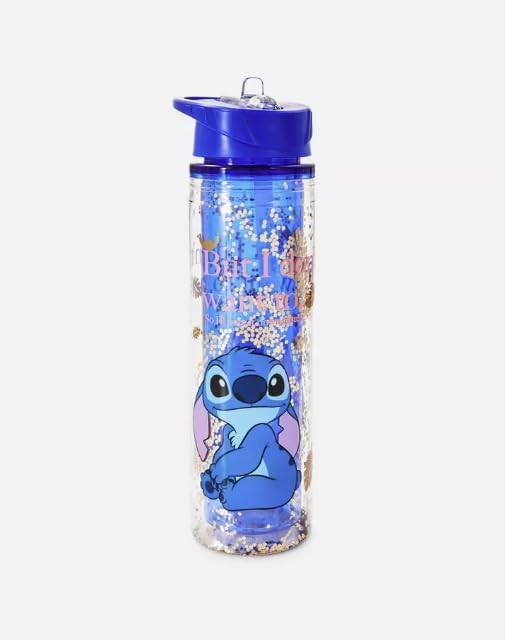 Disney Lilo & Stitch Glitter Filled Straw Water Bottle 550ML Drinking Bottle Primark