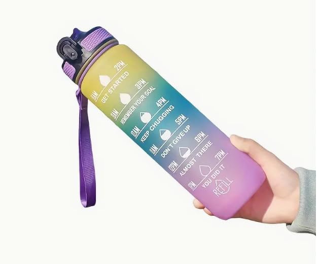Gradient Motivational Water Bottle with Time Marker, 1000ml Large Capacity Plastic Sports Water Bottle with Straw & Carry Strap, Leakproof Gym Drink Bottle for Fitness, Hiking, Outdoor Use (Yellow)