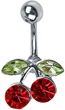 FanC, Cute Stainless Steel Red Green Crystal Double Cherry Stalk Navel Ring
