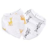 Aden by Aden + Anais Bandana Bib, 100% Cotton Muslin, Soft Absorbent 3 Layers, Adjustable, 8.5” X 16”, 2 Pack, Safari Babes - Giraffe/Zebra