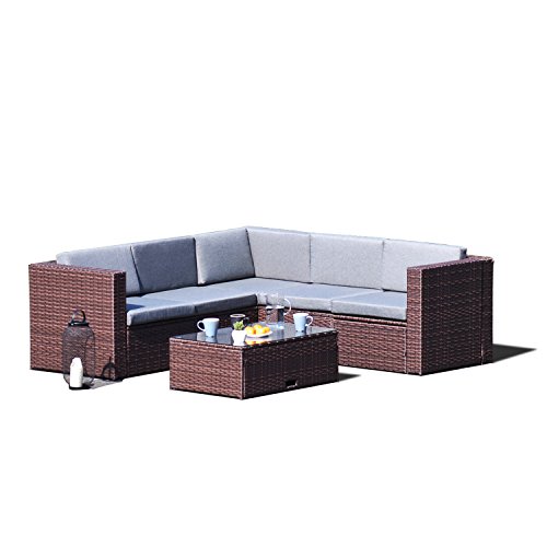 Sky Patio B1035-BR 4 Pieces Outdoor Furniture Complete Patio Wicker Rattan Garden Corner Sofa Co ...