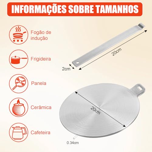 20 cm Adaptador para Fogão de Indução, Placa Conversora de Fogão de Indução, Chapa de Aço Inoxidável para Fogão com Alça Removível, Placa Conversora de Fogão de Indução, Placa Difusora de Calor